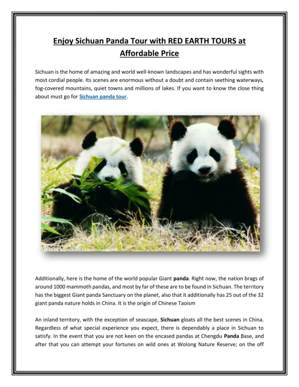 Enjoy Sichuan Panda Tour with RED EARTH TOURS at Affordable Price