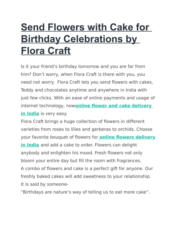 Send Flowers with Cake for Birthday Celebrations by Flora Craft