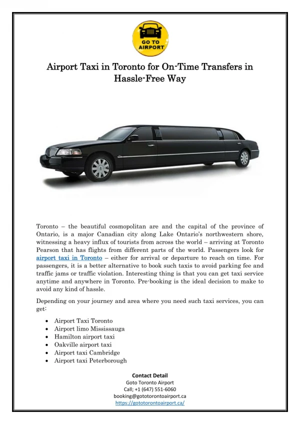 Airport Taxi in Toronto for On-Time Transfers in Hassle-Free Way