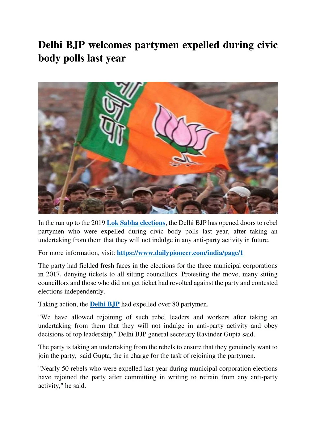 delhi bjp welcomes partymen expelled during civic