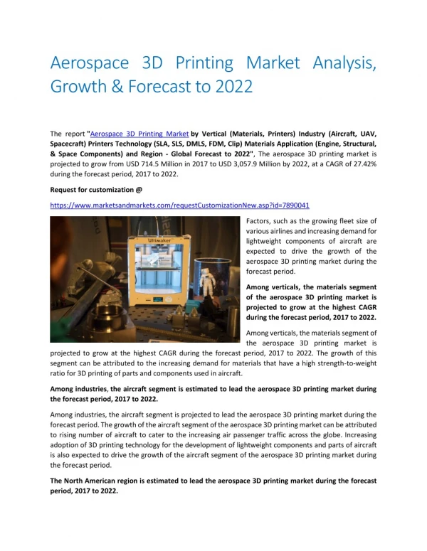 Aerospace 3D Printing Market Analysis, Growth & Forecast to 2022