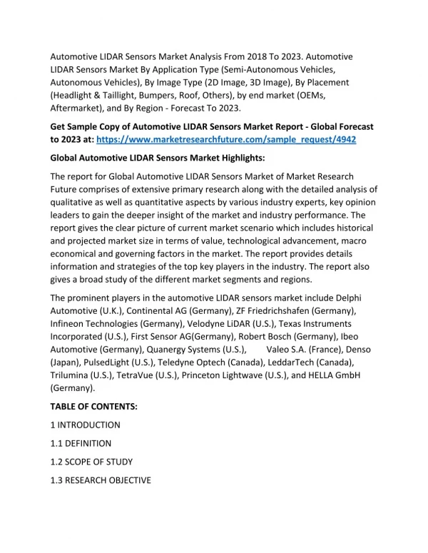 Automotive LIDAR Sensors Industry: 2018 Global Market Outlook To 2023