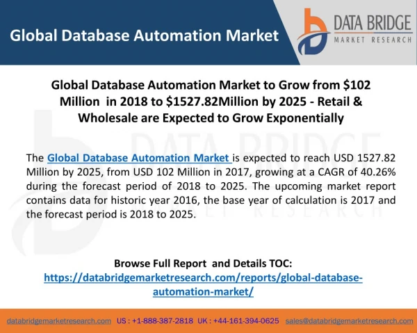 Global Database Automation Market to Grow from $102 Million in 2018 to $1527.82Million by 2025 - Retail & Wholesale are