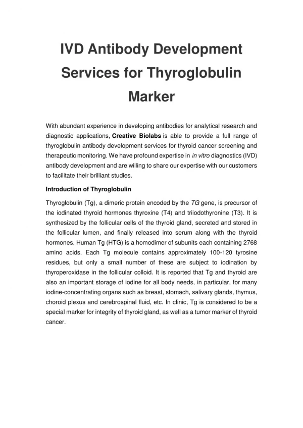 IVD Antibody Development Services for Thyroglobulin Marker