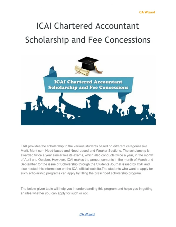 ICAI Chartered Accountant Scholarship and Fee Concessions 0 SHARES