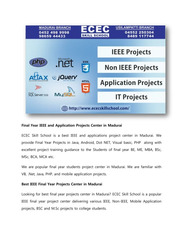 Final Year IEEE and Application Projects Center in Madurai