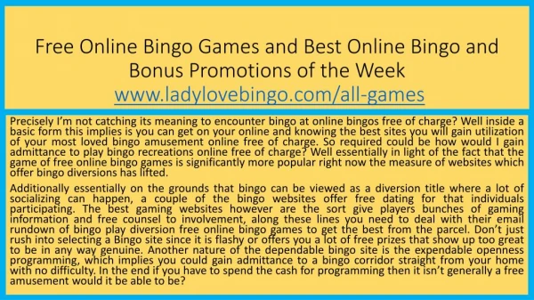 Free Online Bingo Games and Best Online Bingo and Bonus Promotions of the Week