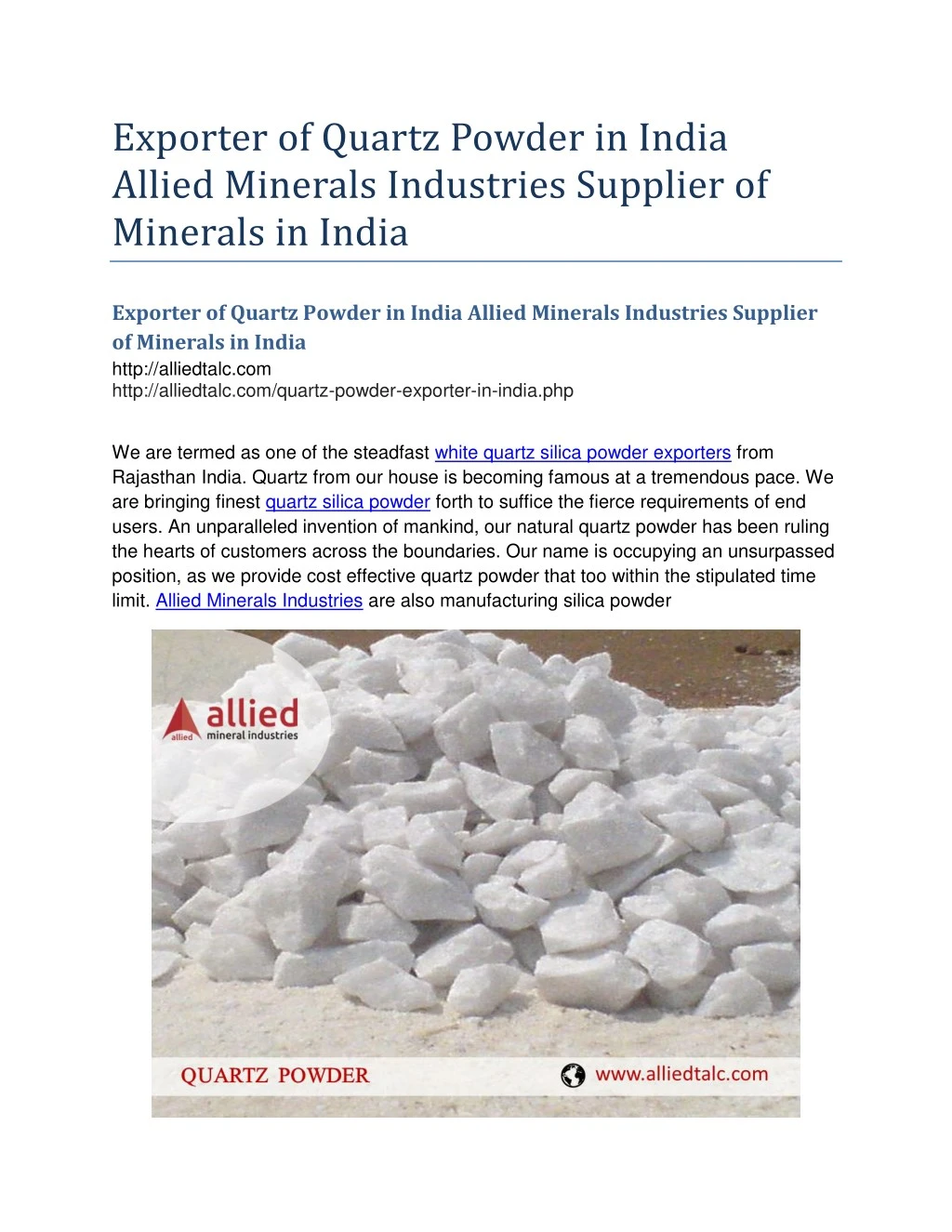 exporter of quartz powder in india allied
