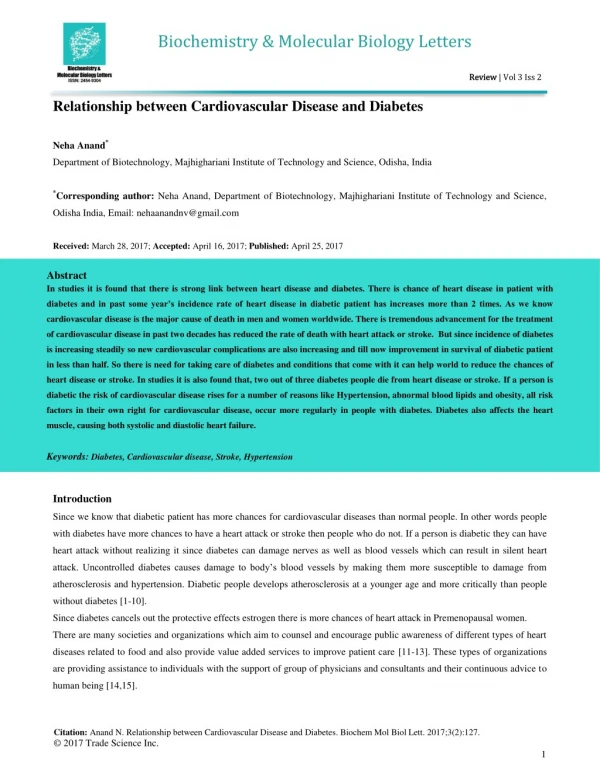 Relationship between Cardiovascular Disease and Diabetes