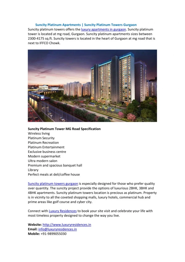 Suncity Platinum Towers For Sale In Gurgaon