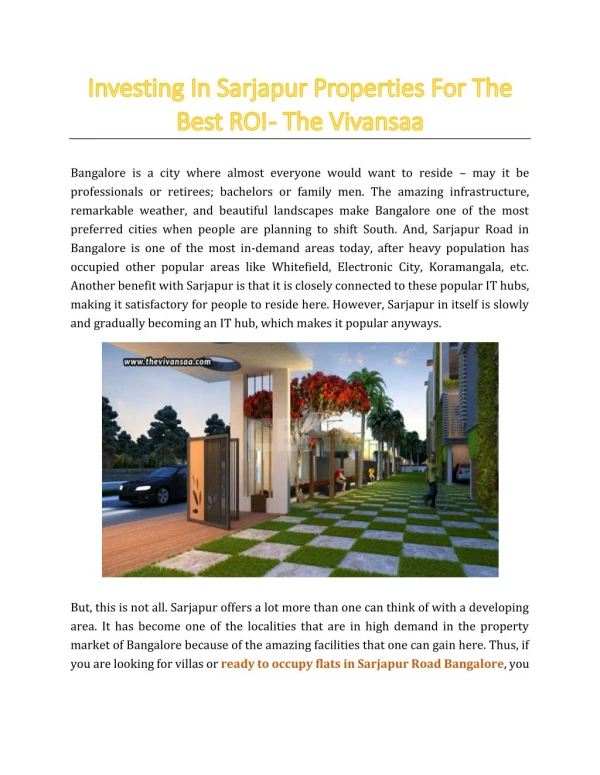 Investing In Sarjapur Properties For The Best ROI - The Vivansaa