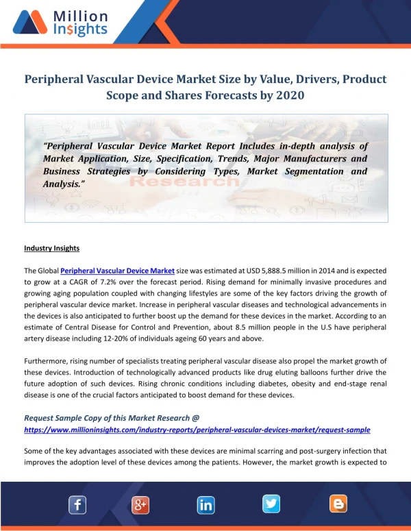 Peripheral Vascular Device Market Size by Value, Drivers, Product Scope and Shares Forecasts by 2020