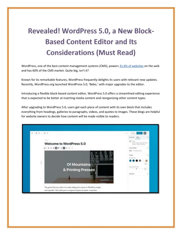 Revealed! WordPress 5.0, a New Block-Based Content Editor and Its Considerations