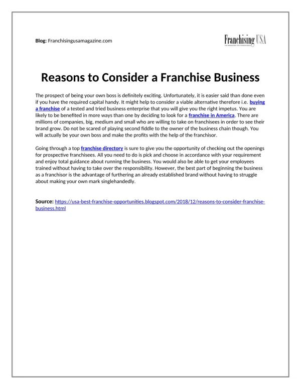 Reasons to Consider a Franchise Business