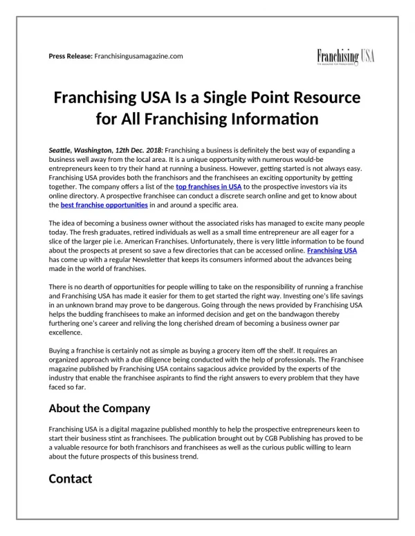 Franchising USA Is A Single Point Resource For All Franchising Information