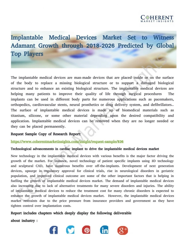 Implantable Medical Devices Market Set to Witness Adamant Growth through 2018-2026 Predicted by Global Top Players