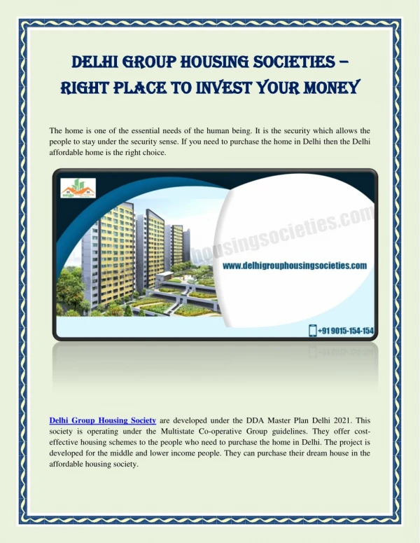 Delhi Group Housing Societies – Right Place To Invest Your Money