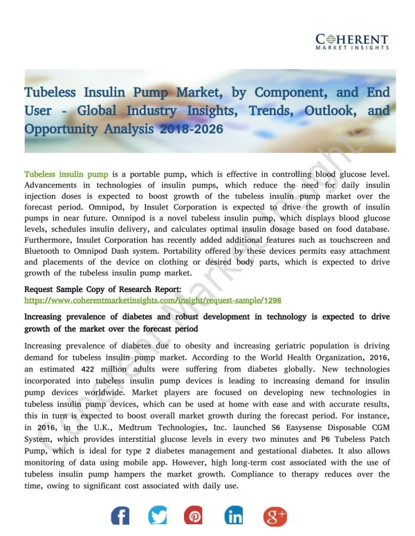 Tubeless Insulin Pump Market, by Component, and End User - Global Industry Insights, Trends, Outlook, and Opportunity An