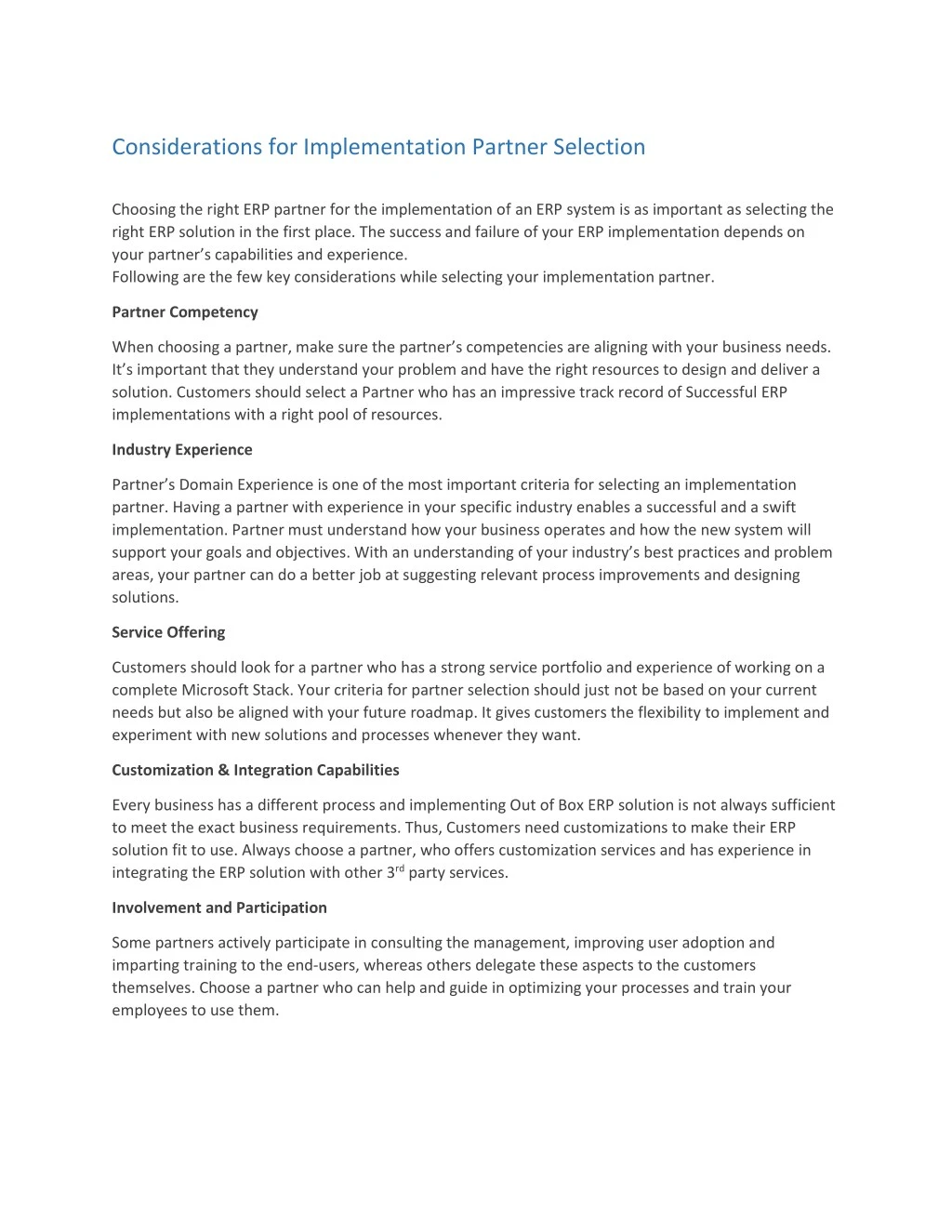 considerations for implementation partner