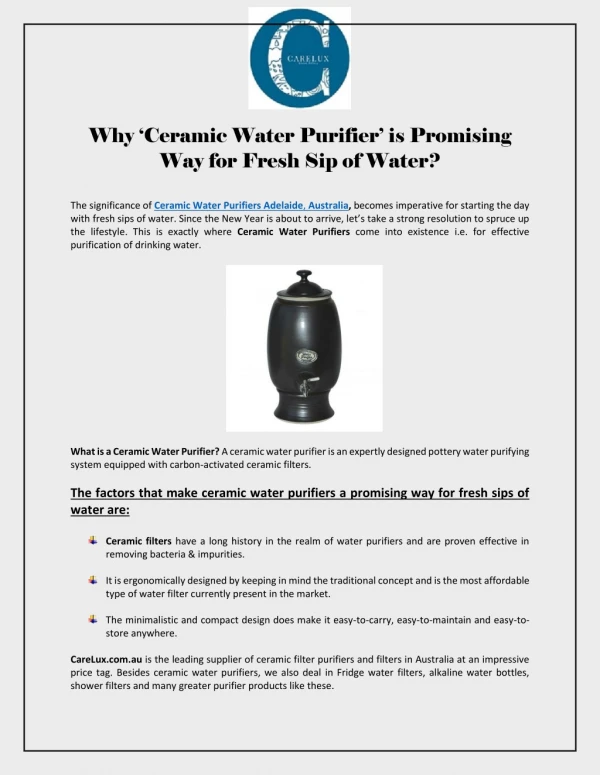 Why ‘Ceramic Water Purifier’ is Promising Way for Fresh Sip of Water?