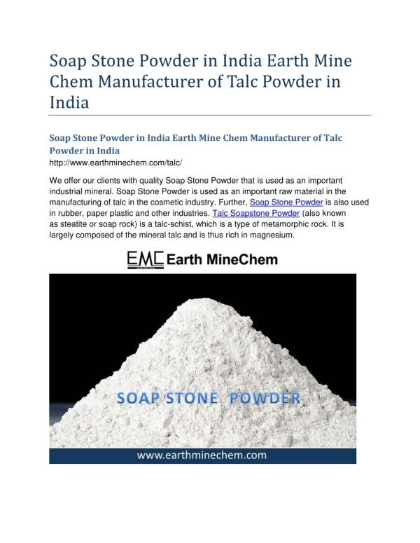 Soap Stone Powder in India Earth MineChem Manufacturer of Talc Powder in India