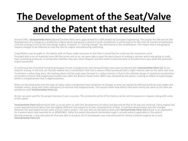 The Development of the Seat/Valve and the Patent that resulted