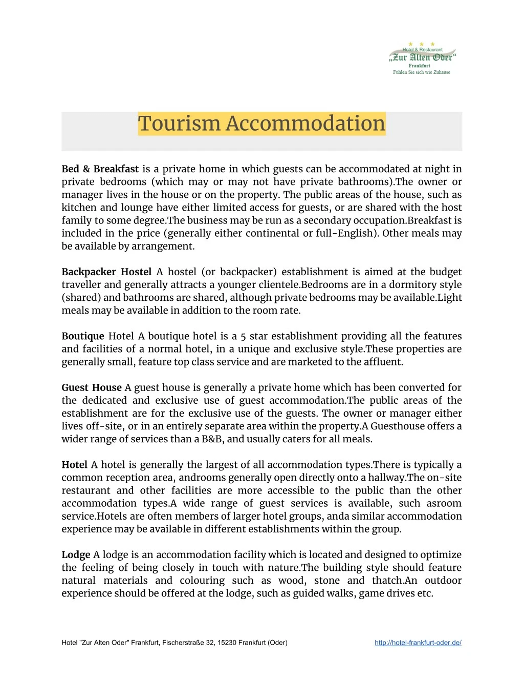 tourism accommodation