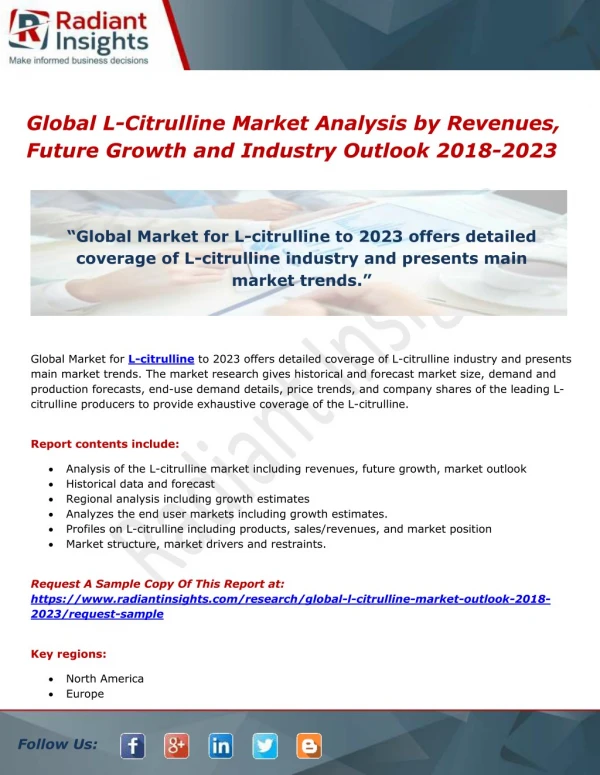 Global L-Citrulline Market Analysis by Revenues, Future Growth and Industry Outlook 2018-2023