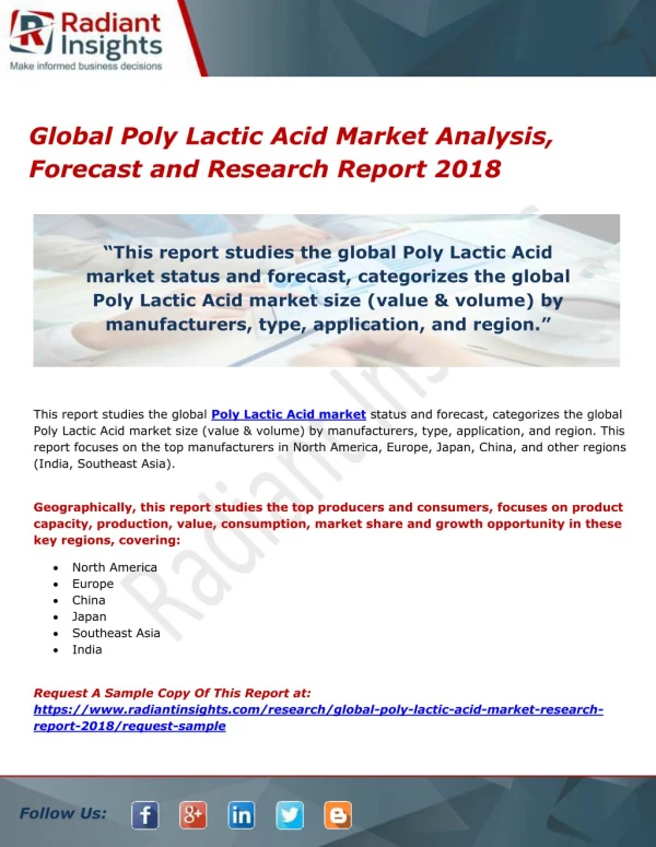 Global Poly Lactic Acid Market Analysis, Forecast and Research Report 2018