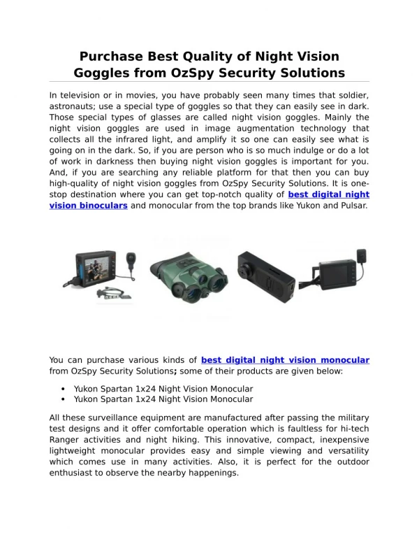 Purchase Best Quality of Night Vision Goggles from OzSpy Security Solutions
