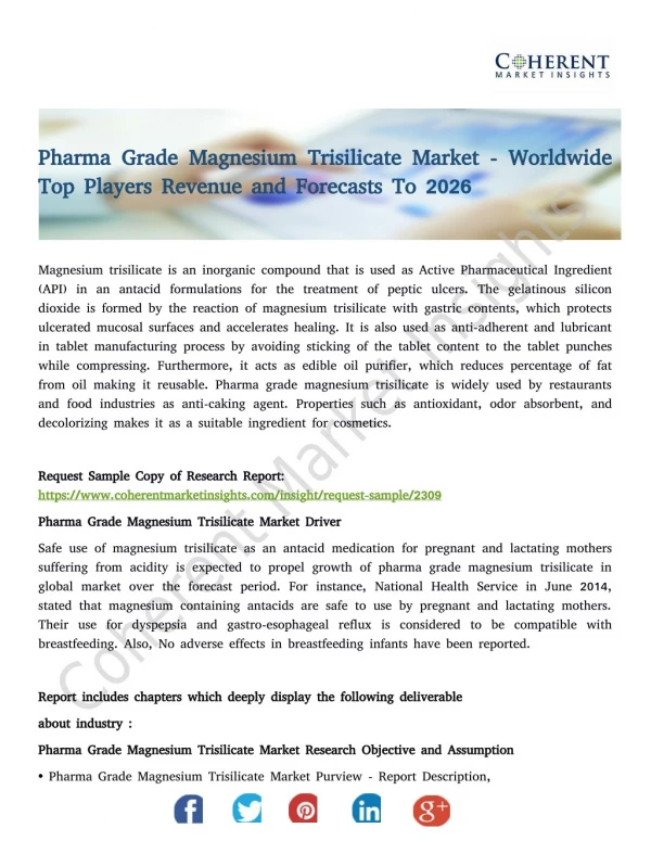 Pharma Grade Magnesium Trisilicate Market - Worldwide Top Players Revenue and Forecasts To 2026