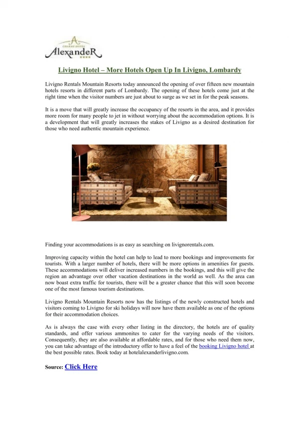 Livigno Hotel – More Hotels Open Up In Livigno, Lombardy