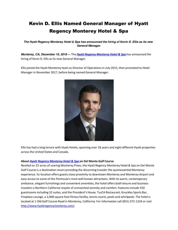 Kevin D. Ellis Named General Manager of Hyatt Regency Monterey Hotel & Spa