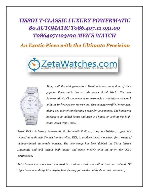 Tissot T-Classic Luxury Powermatic 80 Automatic T086.407.11.031.00 T0864071103100 Men’s Watch