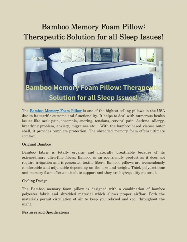 Bamboo Memory Foam Pillow: Therapeutic Solution for all Sleep Issues!