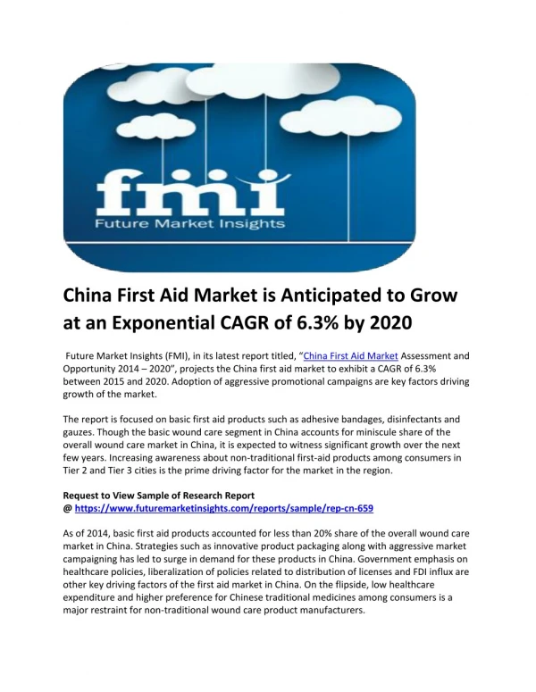 China First Aid Market to Grow at a CAGR of 6.3% between 2015 and 2020