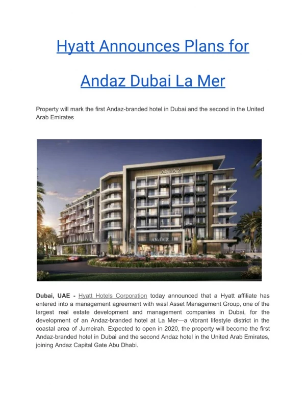 Hyatt Announces Plans for Andaz Dubai La Mer