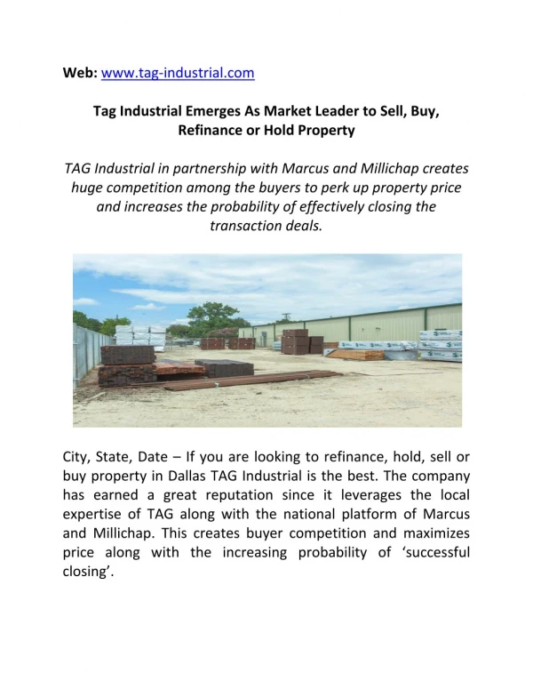 Tag Industrial Emerges As Market Leader to Sell, Buy, Refinance or Hold Property