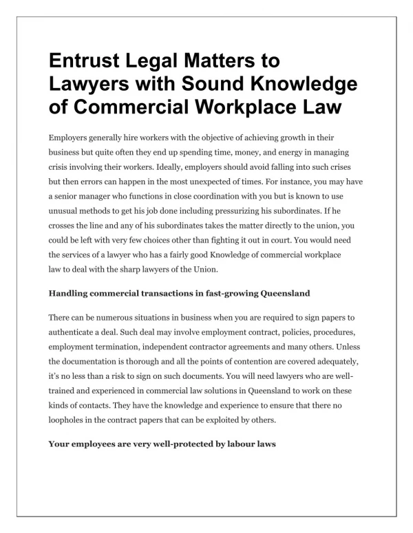 Entrust Legal Matters to Lawyers with Sound Knowledge of Commercial Workplace Law