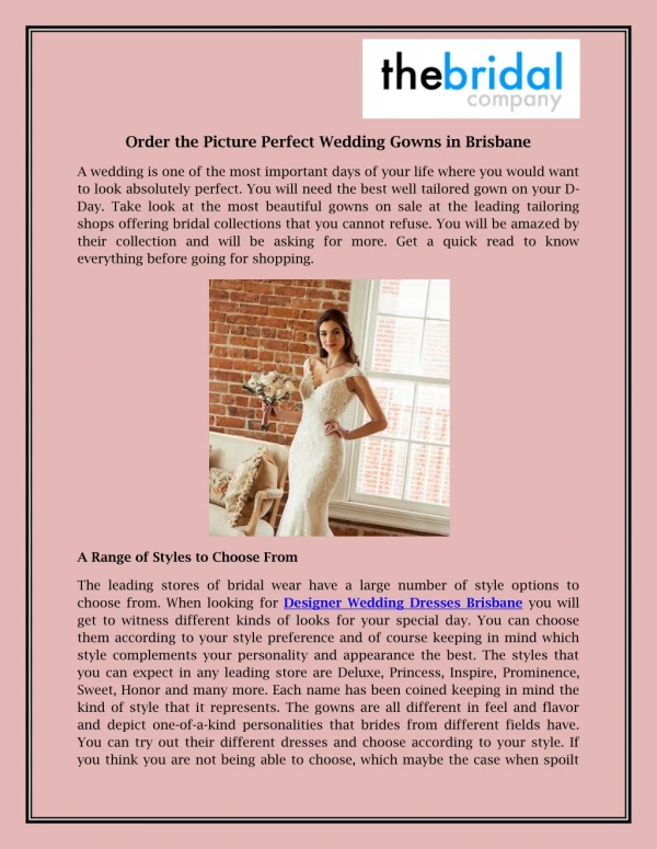 Order the Picture Perfect Wedding Gowns in Brisbane