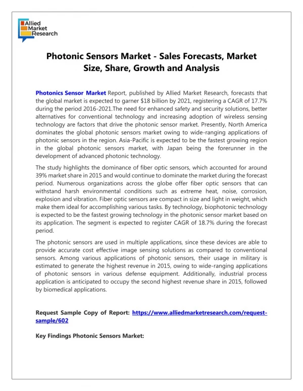 Photonic Sensors Market is Expected to Reach $18 Billion by 2021