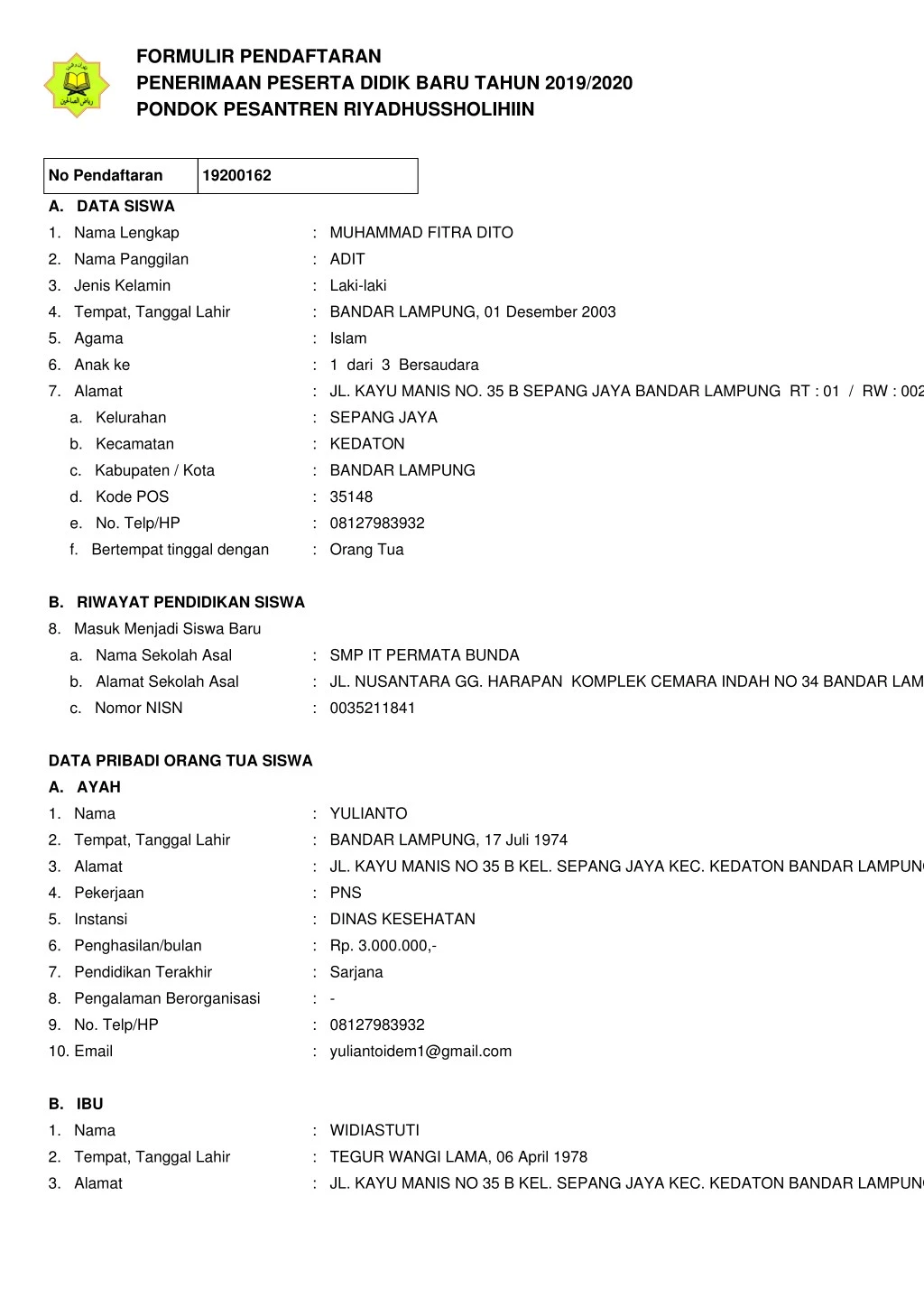 formulir pendaftaran penerimaan peserta didik