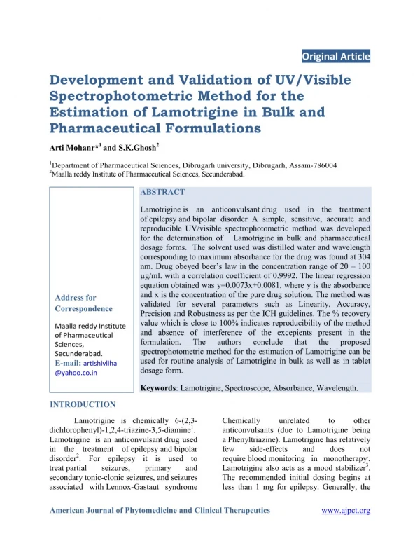 Development and Validation of UV/Visible Spectrophotometric Method for the Estimation of Lamotrigine in Bulk and Pharmac