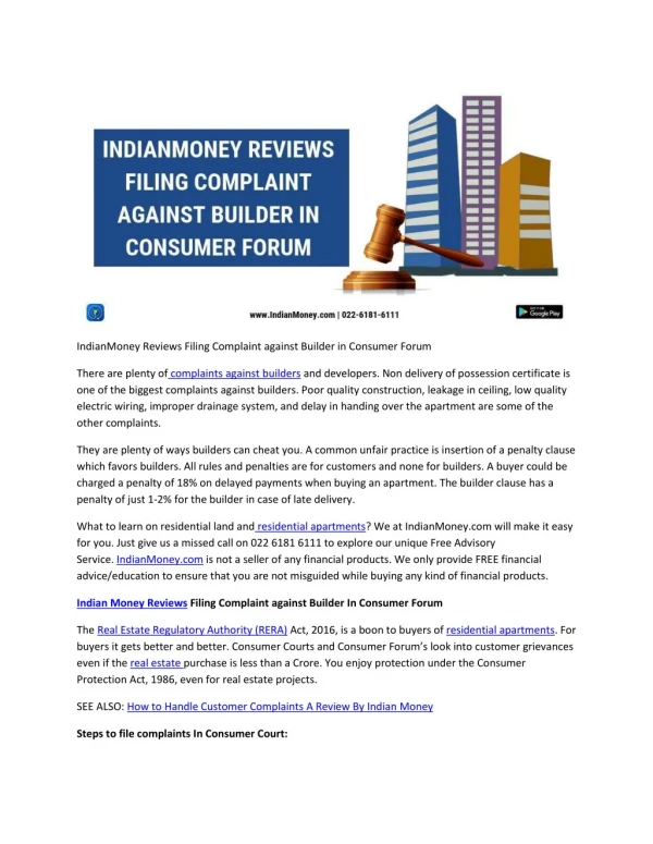 IndianMoney Reviews Filing Complaint against Builder in Consumer Forum