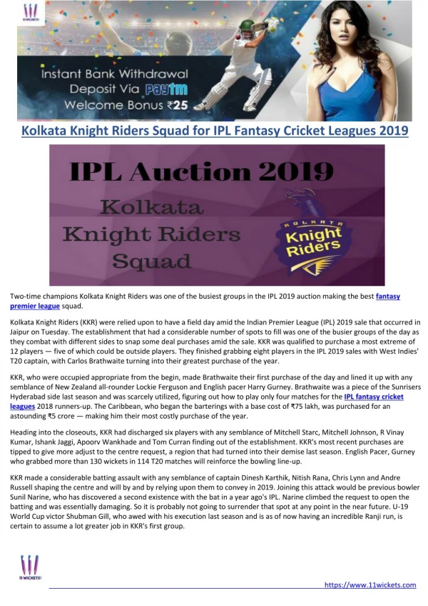 Kolkata Knight Riders Squad for IPL Fantasy Cricket Leagues 2019