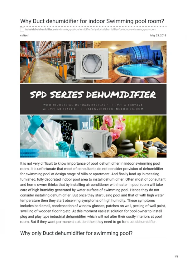 Why duct dehumidifier for indoor swimming pool room?