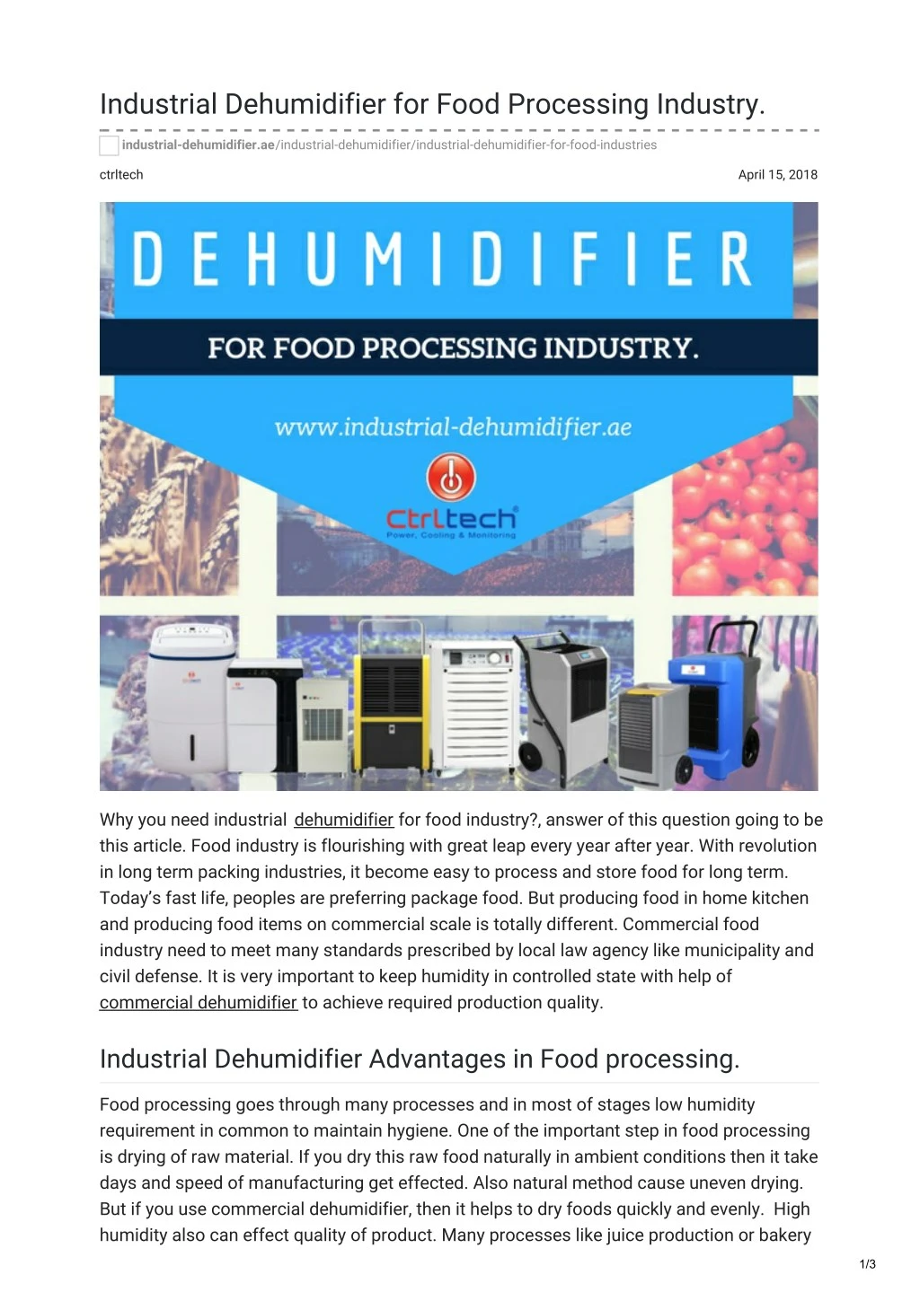 industrial dehumidifier for food processing