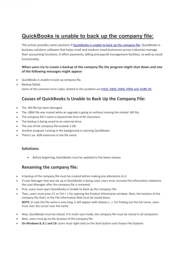 quickbooks is unable to back up the company file