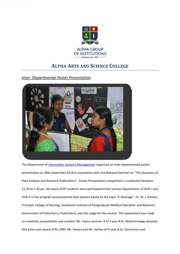 Inter- Departmental Poster Presentation | Alpha Arts and Science College chennai