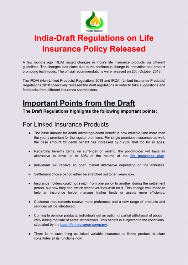 India-Draft Regulations on Life Insurance Policy Released